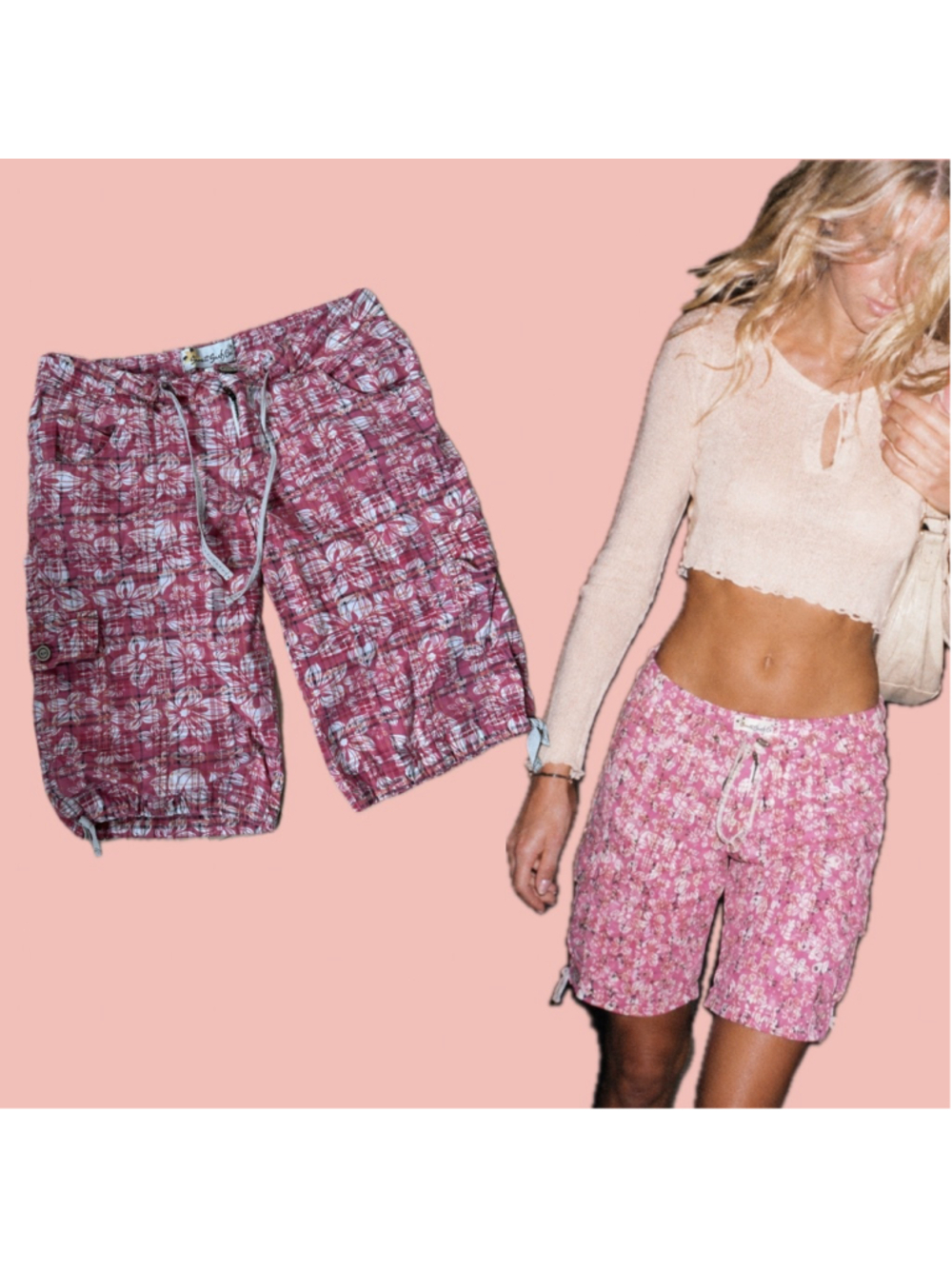 Vintage Y2K Hibiscus Floral Cargo Shorts Pink Surfer Skater Size 11